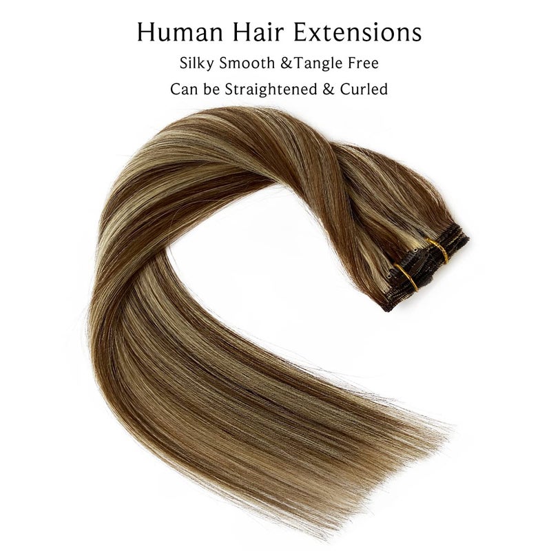 Ubetta Clip in Hair Extensions Real Human Hair Clip in Extensions,20 Inch Chestnut Brown Balayage Blonde Highlights Real Hair Extensions Clip in Remy Human Hair 7 Pieces 70G Double Weft Clip ins Extensions - Image 4